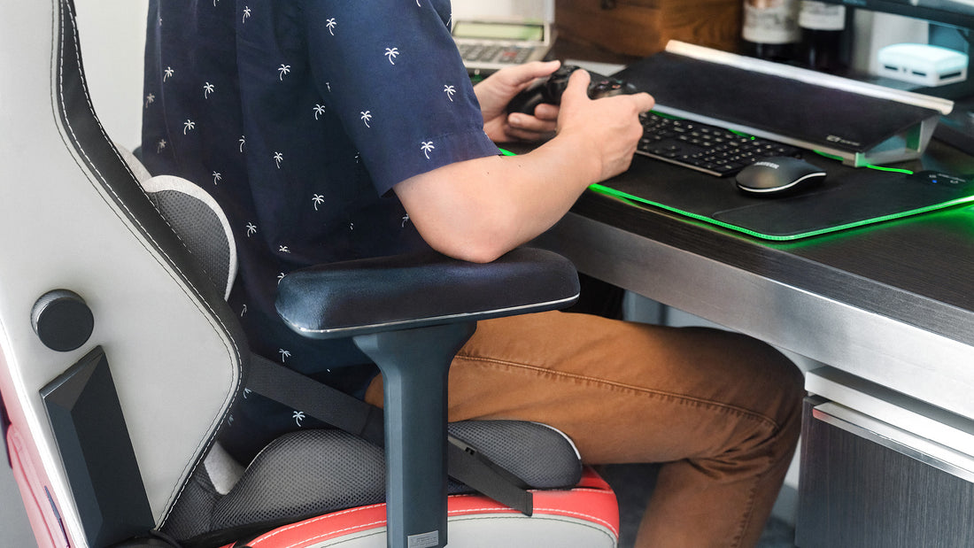 Men playing video games on the computer, gaming chair and lumbar support office set up