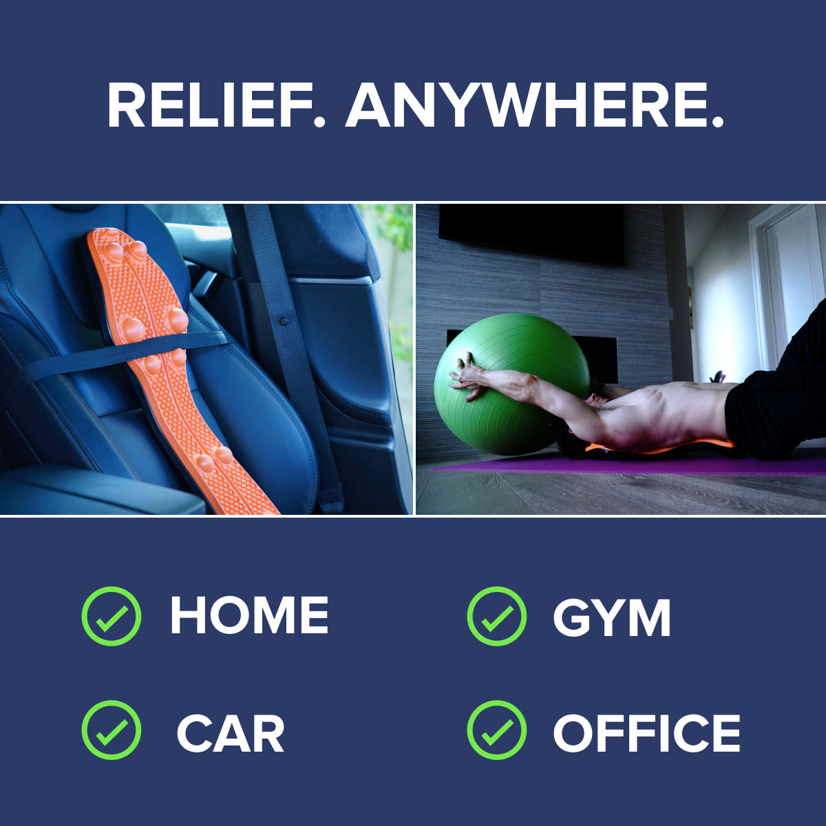 Examples of the different environments where the Trigger Point Rocker can be used, including home, the gym, your car, and the office, for effective muscle tension relief anytime, anywhere.